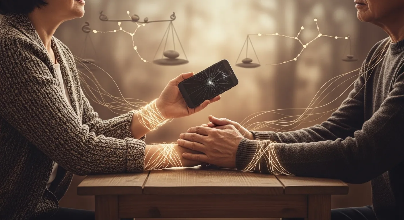 Couple works on rebuilding trust after infidelity, one person offering their phone.
