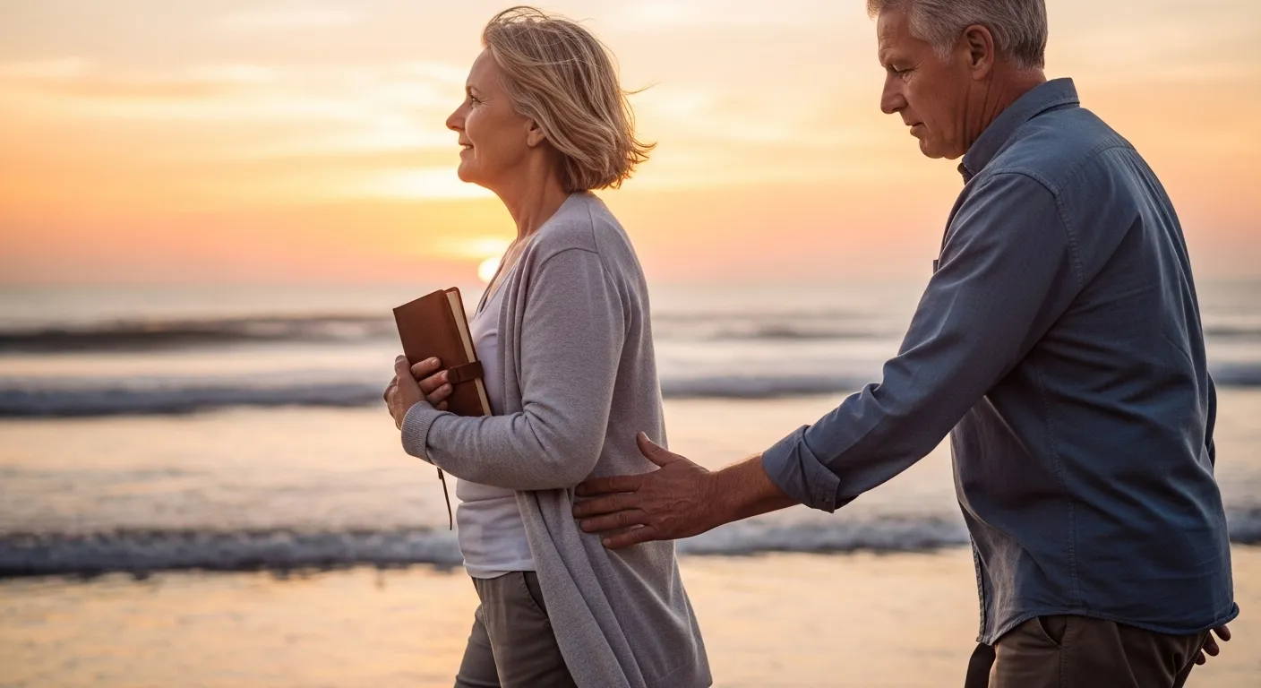 Couple walks on beach at dawn; woman with journal, man trailing, reflecting uncertainty in their relationship.