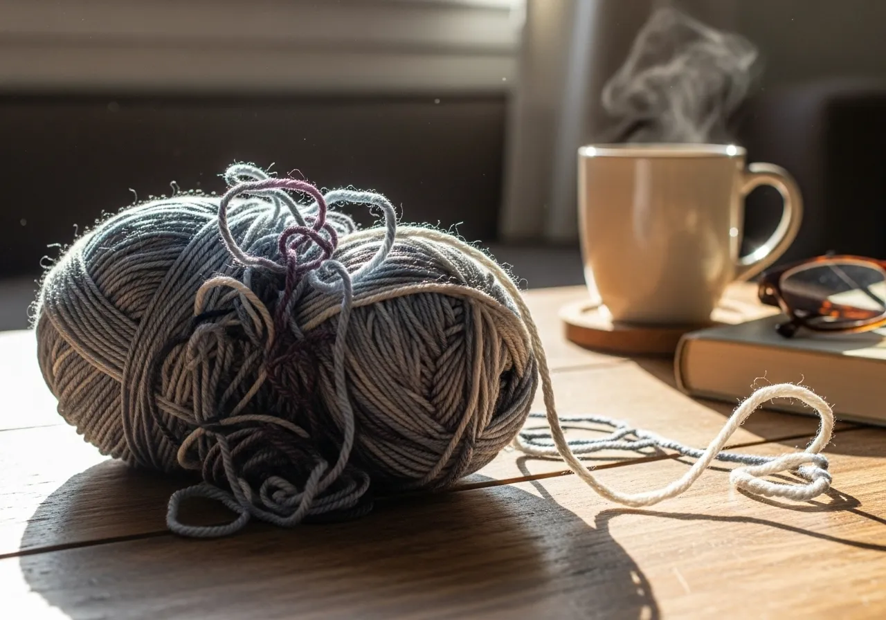 Tangled yarn symbolizes the complex, non-linear process of healing from infidelity.