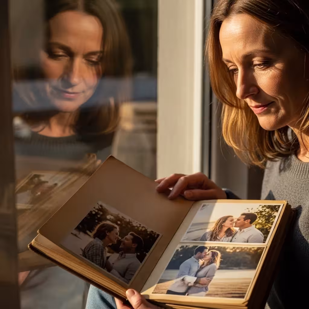 Woman reflects on past relationship, shown with a photo album.