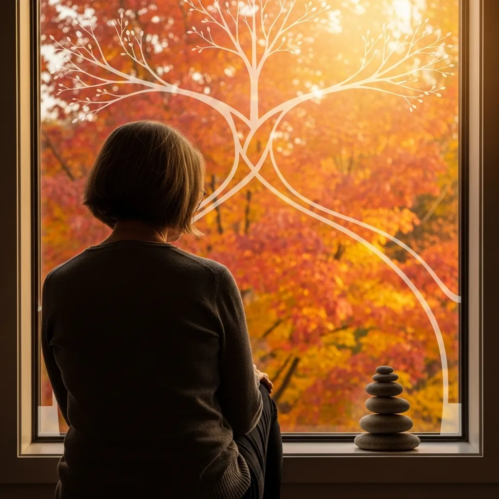 Woman reflecting by a window during autumn.