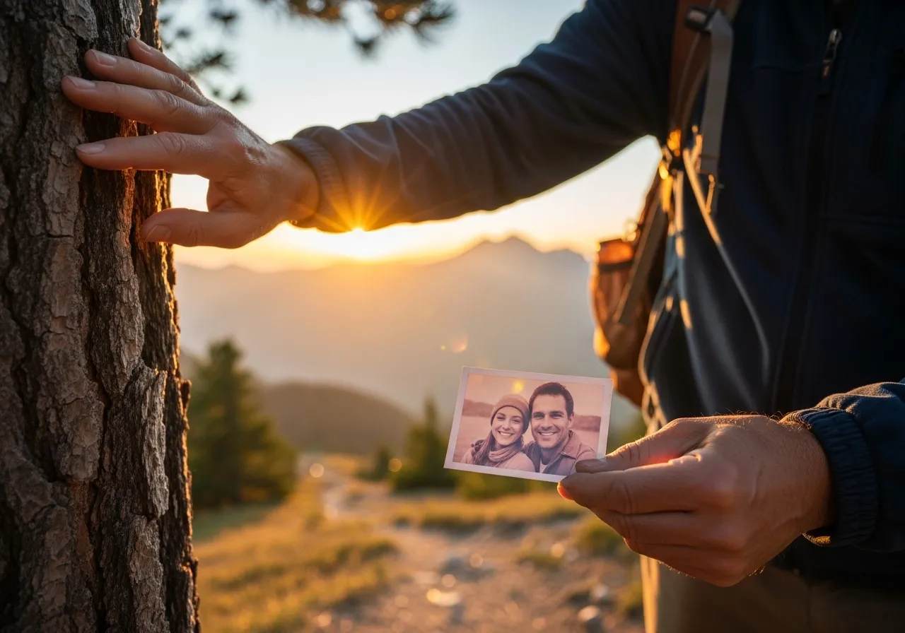 Man hiking, embracing new beginnings, finding peace in nature.
