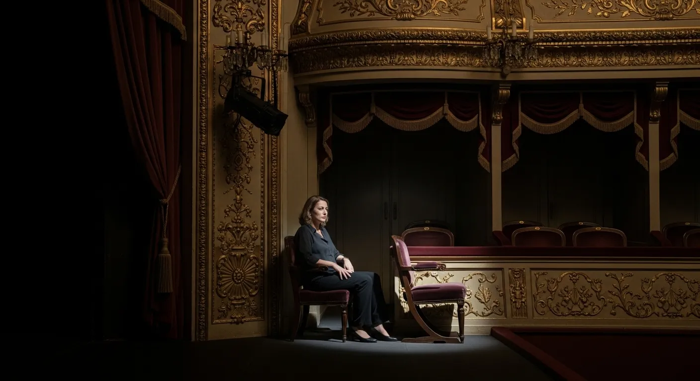Woman alone in theatre, empty seat, spotlight.