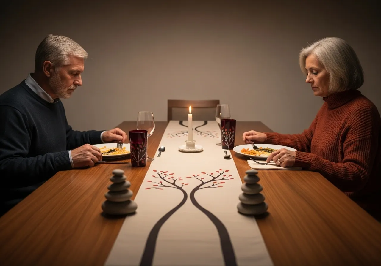 Couple experiencing emotional distance during a silent dinner.