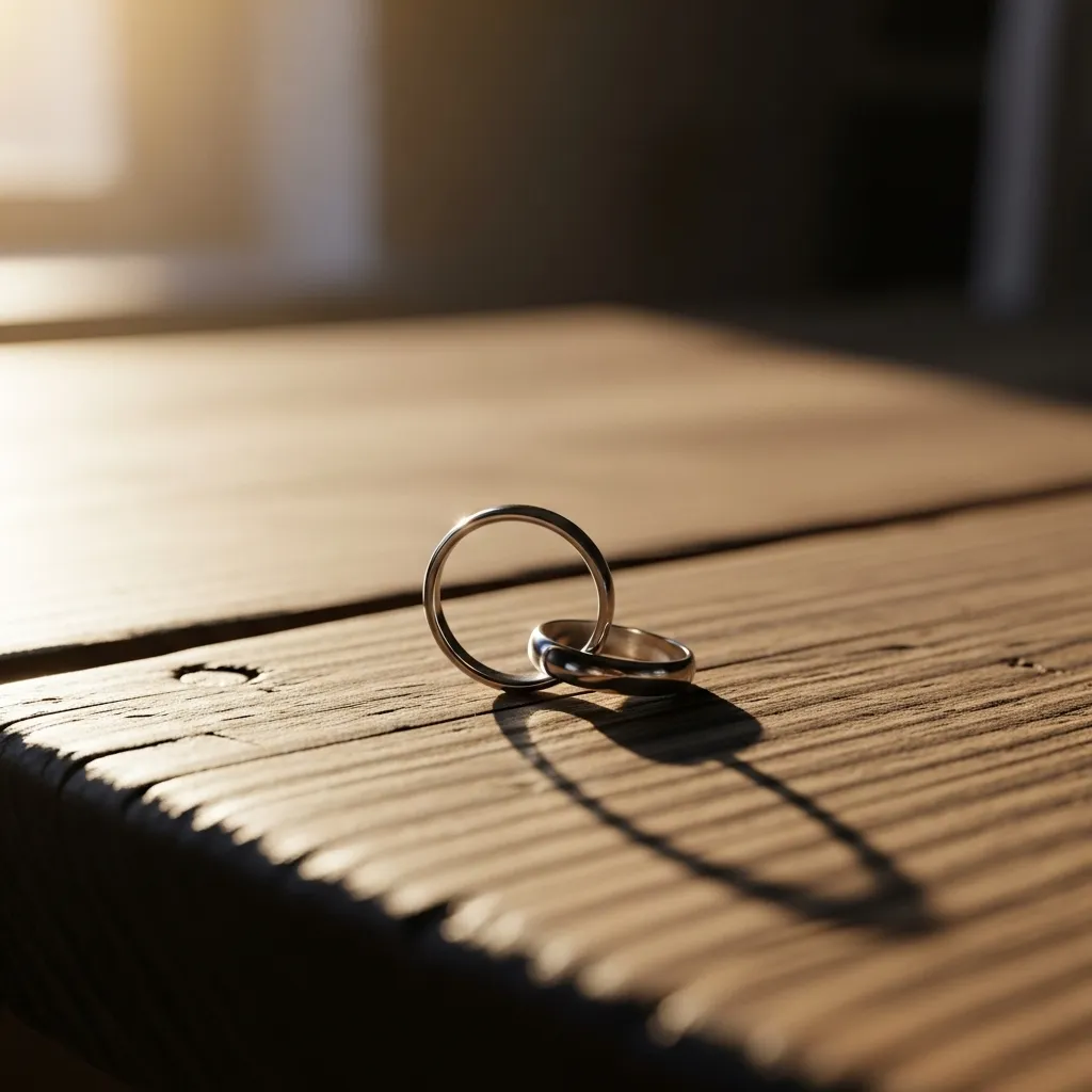 Two silver rings, one overshadowing the other, symbolizing a relationship's end.