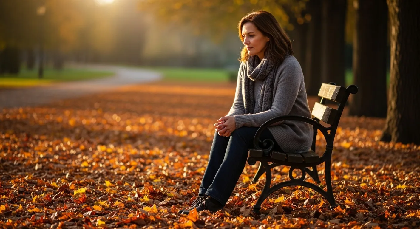 Woman reflecting on life changes in a park.