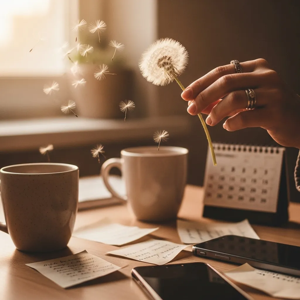 Hand releasing dandelion seeds, symbolizing letting go.