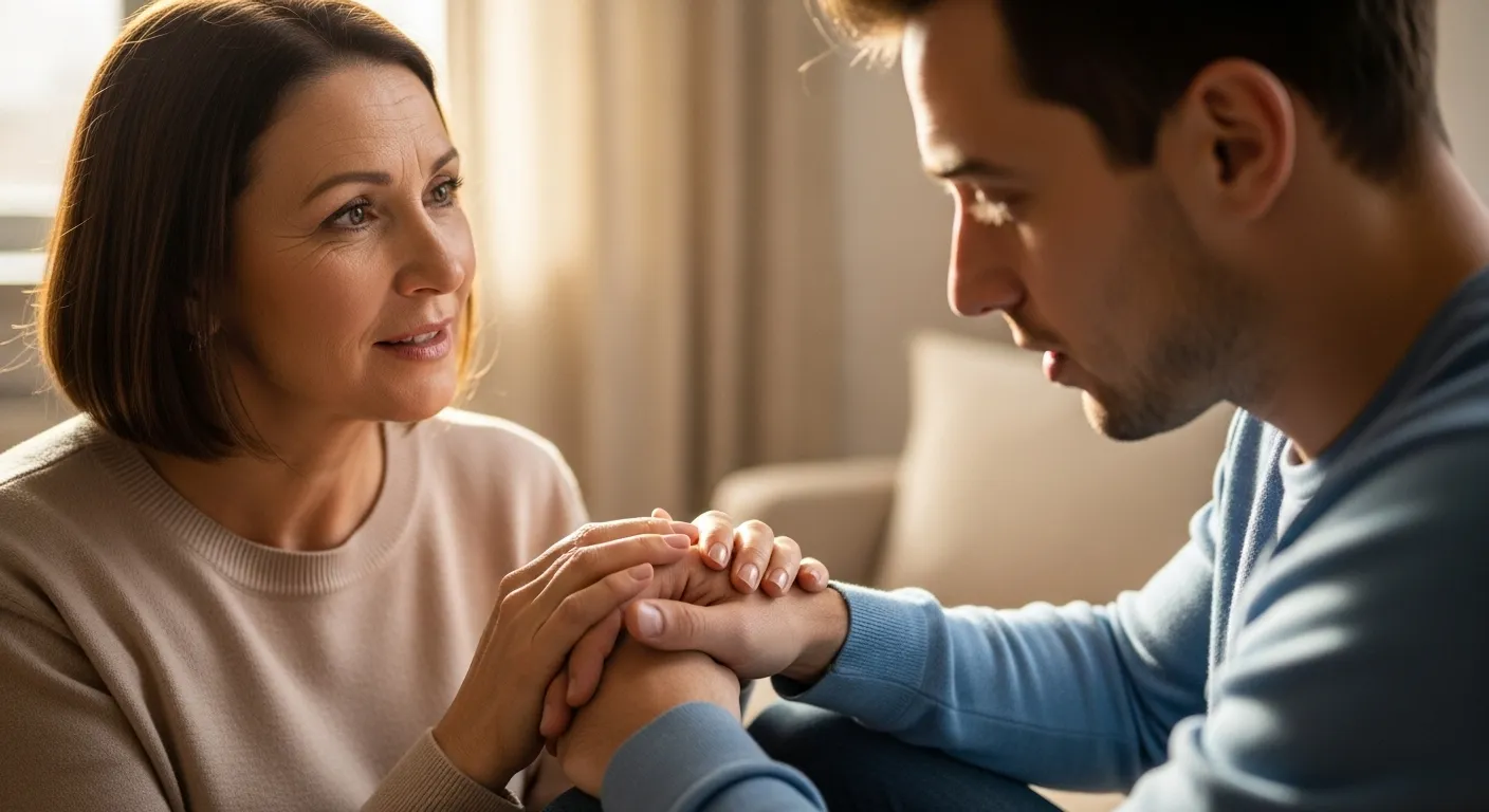 Woman listening to adult son, showing empathy.