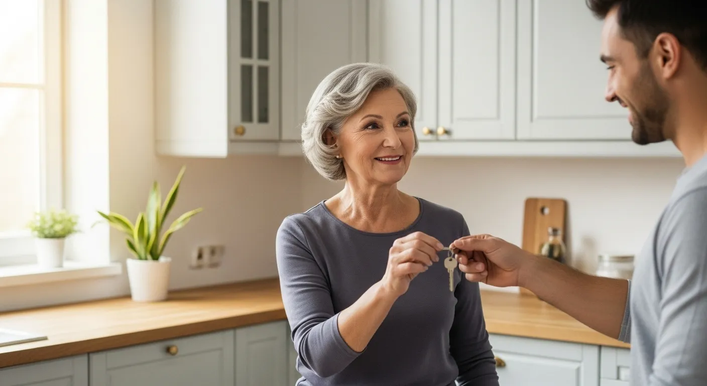 Woman gives son housekey, symbolizing trust and boundaries.