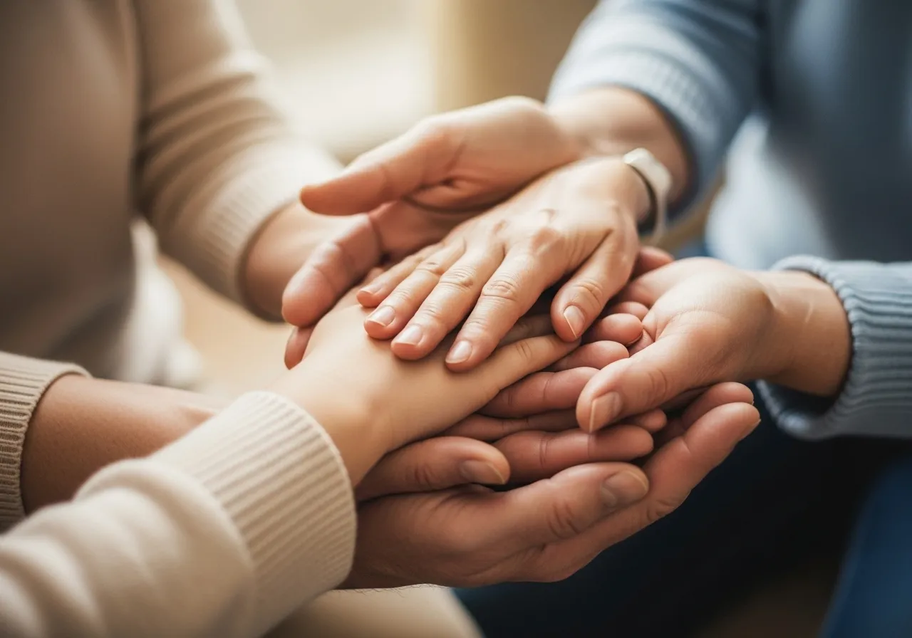 Hands of multiple generations touching a child's hand.