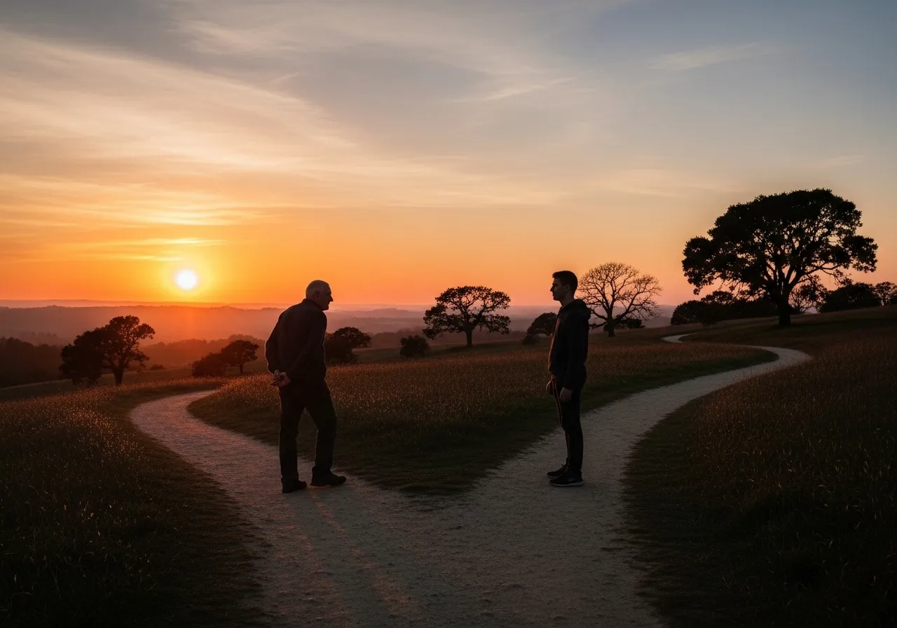 Two figures on diverging paths at sunset.
