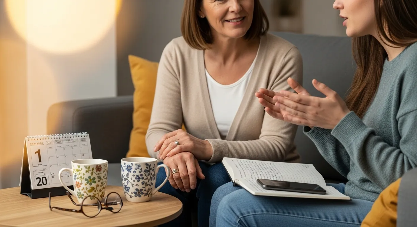 Older woman listening to younger woman, showing empathetic communication.