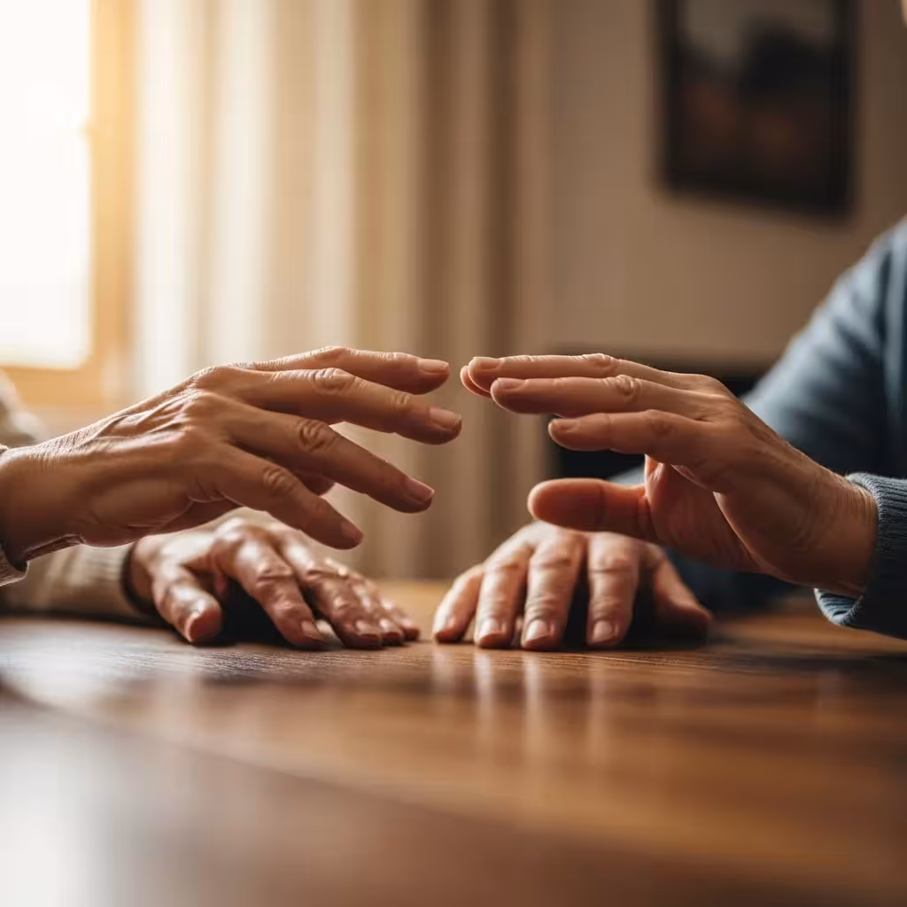 Two older hands reaching towards each other across a table.