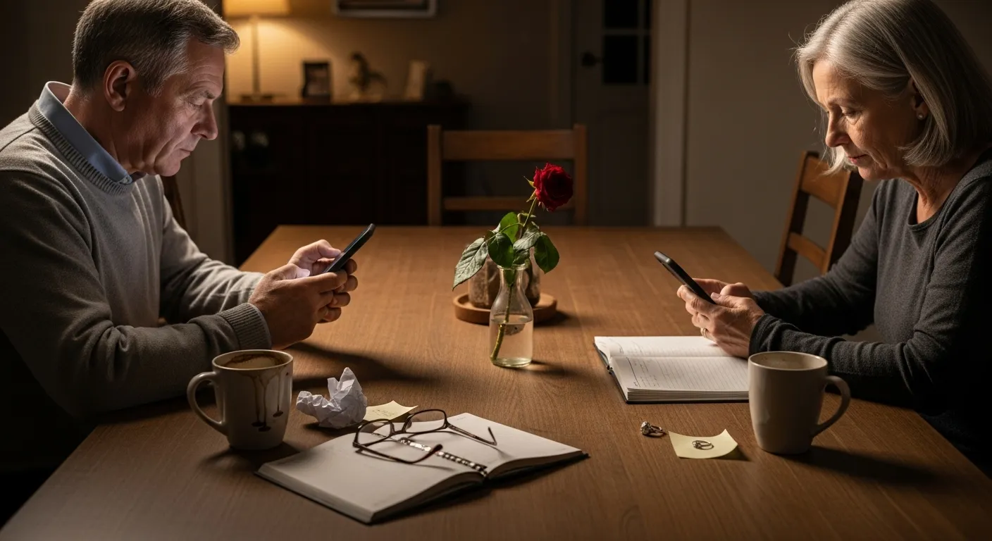 Couple distracted by phones at dinner table, symbolizing neglect and emotional distance.