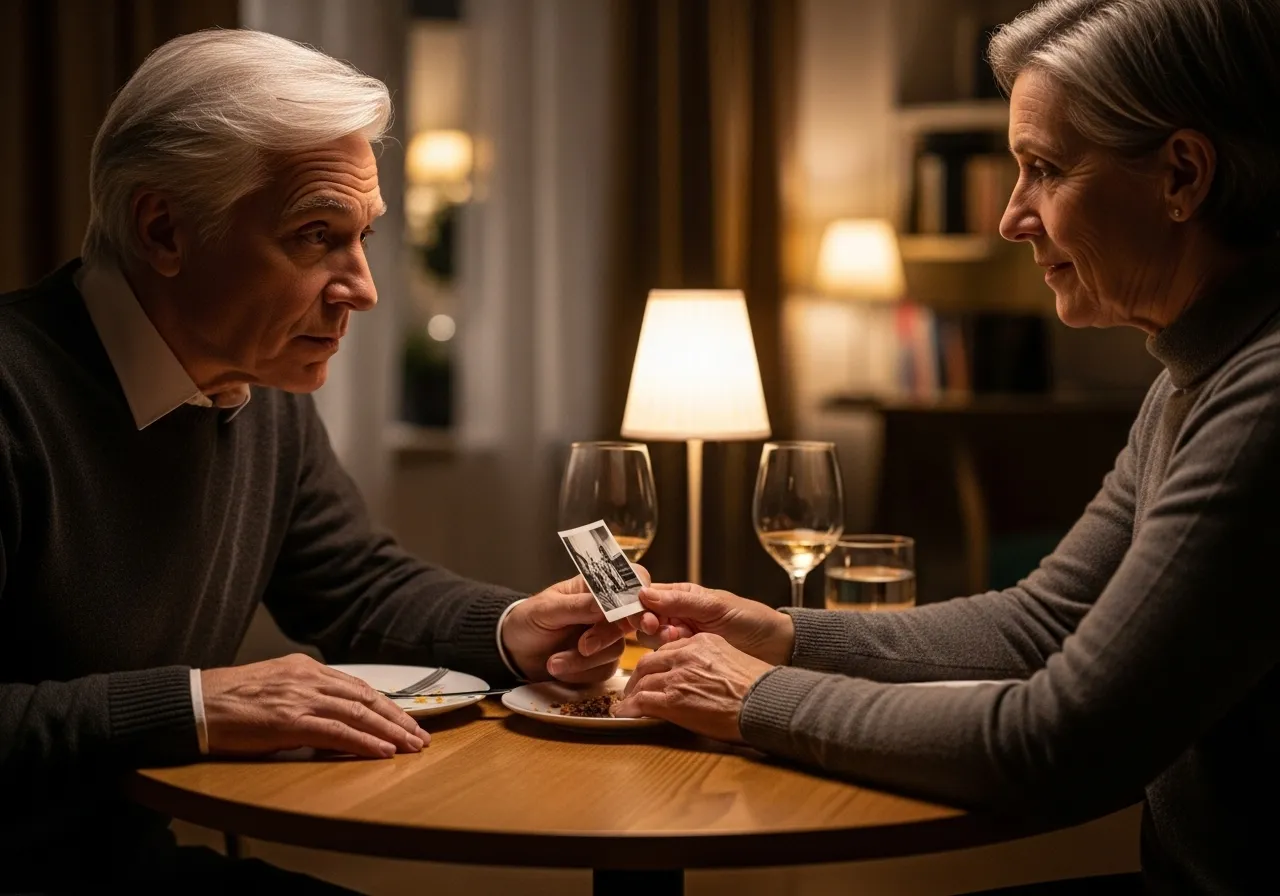 Older couple having a deep, meaningful conversation at a dinner table.