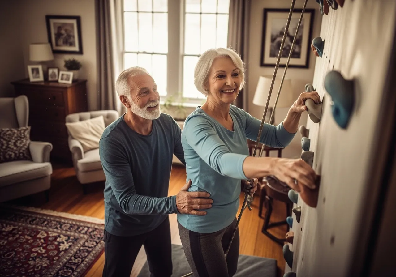 Older couple rock climbing indoors, supporting each other.