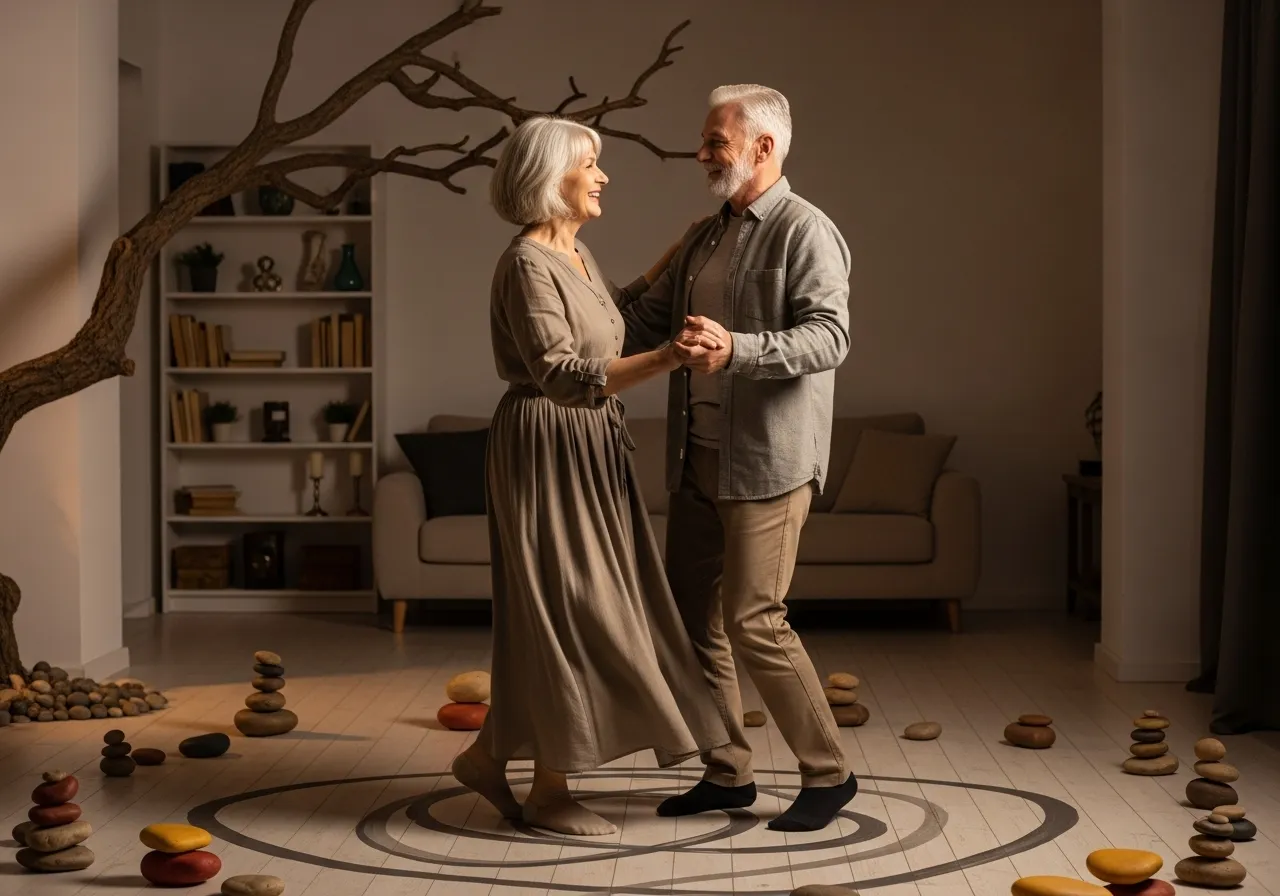 Older couple playfully dancing in their living room.
