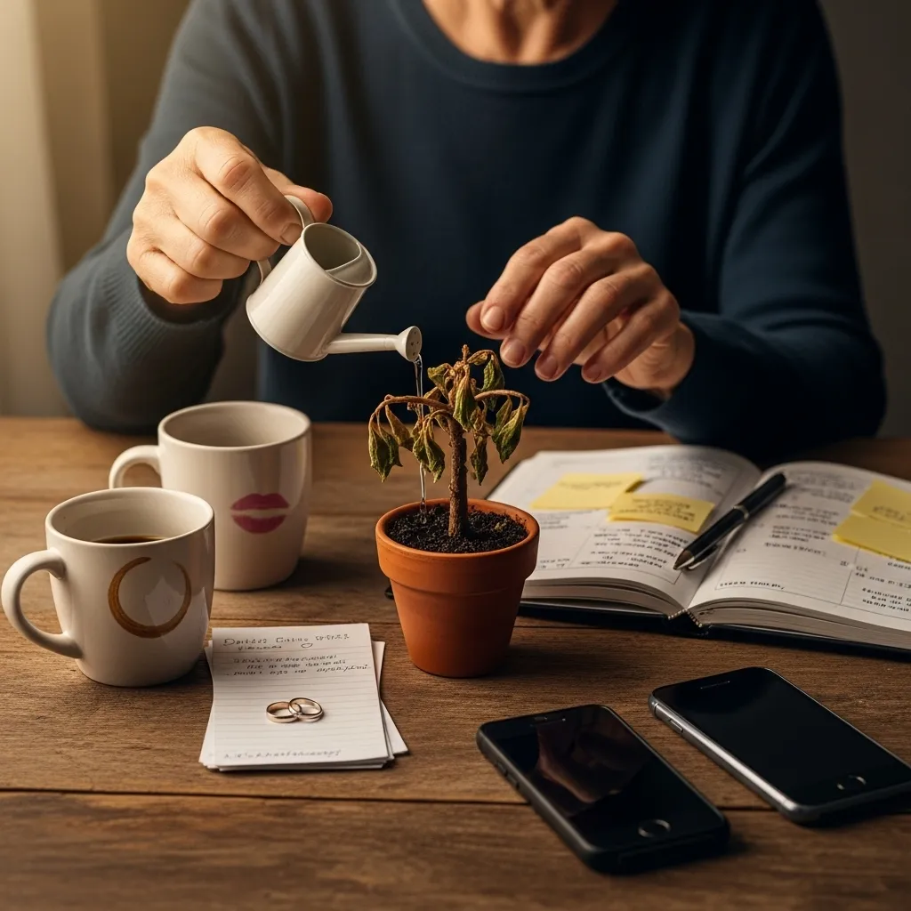 Woman tending to a plant, symbolizing relationship care.