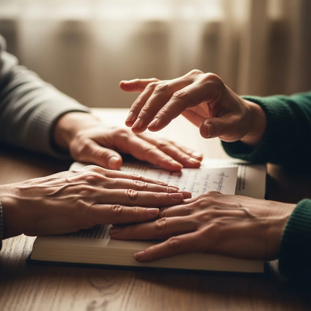 Two hands gently touch, symbolizing reconnection and intimacy.