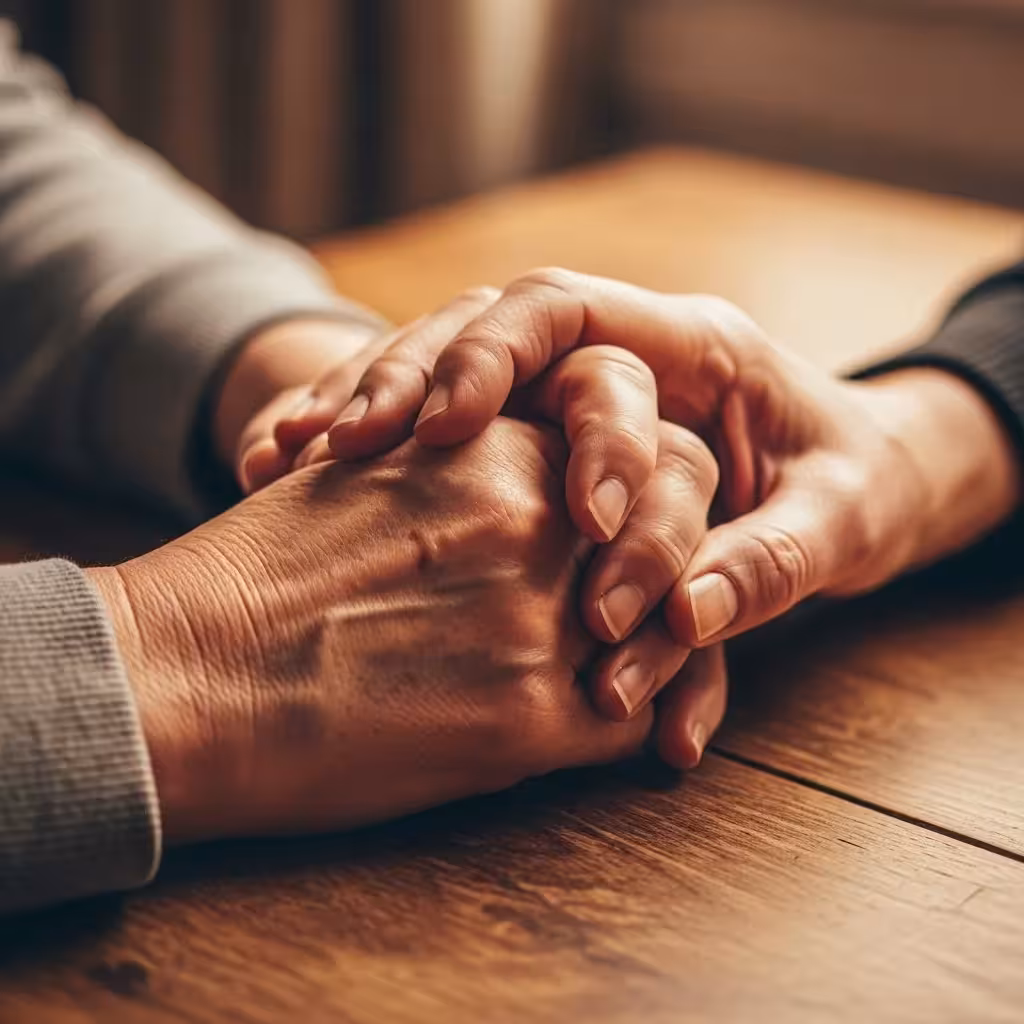 Two older hands intertwined, showing intimacy and connection.