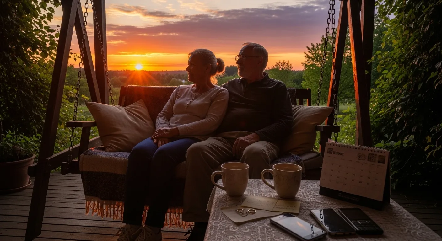 Silhouette of a senior couple enjoying a peaceful sunset, emphasizing emotional intimacy and companionship.