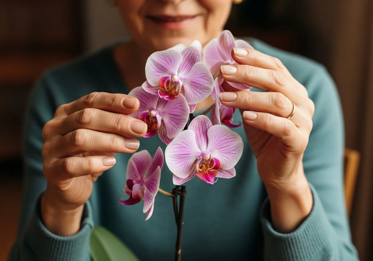 Smiling woman holding an orchid, symbolizing renewal and self-acceptance.