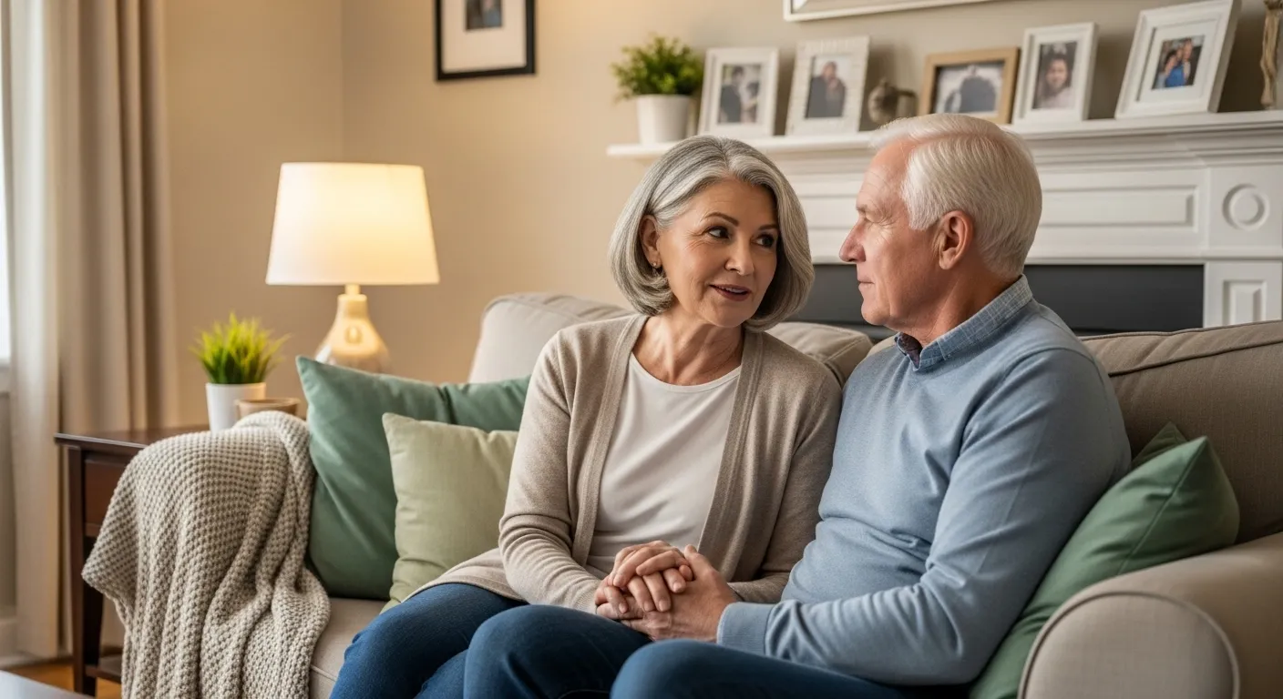 Older couple communicating calmly on a sofa, using 