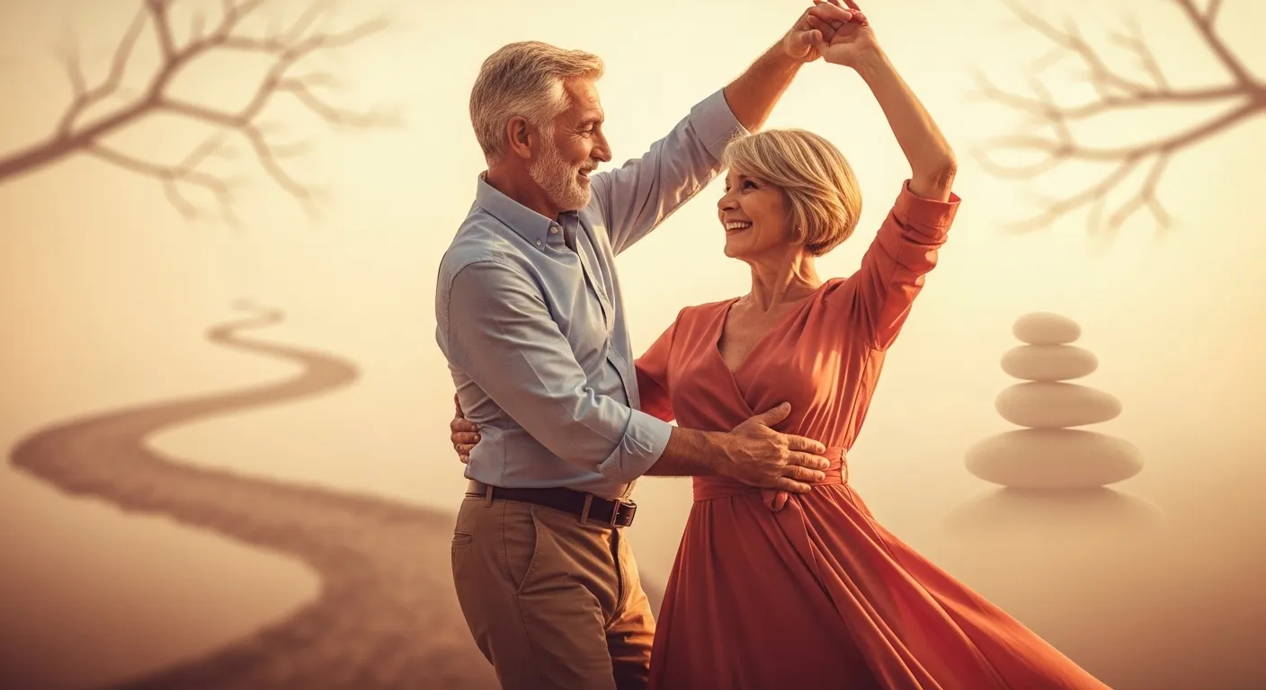 Older couple enjoys a salsa dancing class, showing renewed intimacy.