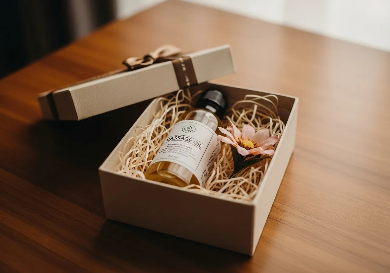 Open gift box with massage oil and a flower, suggesting aids for enhancing intimacy.