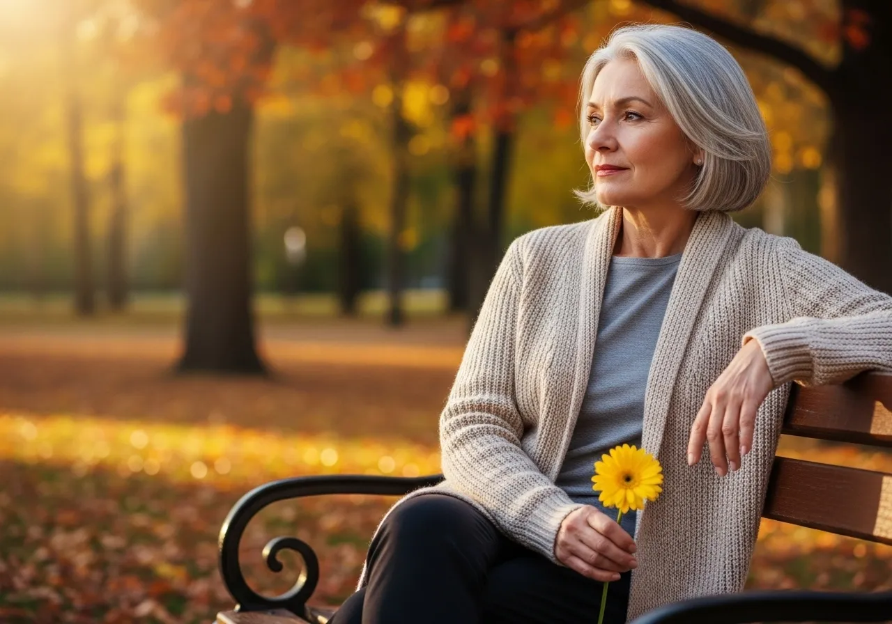 Woman reflecting on a park bench, symbolizing renewal and hope.