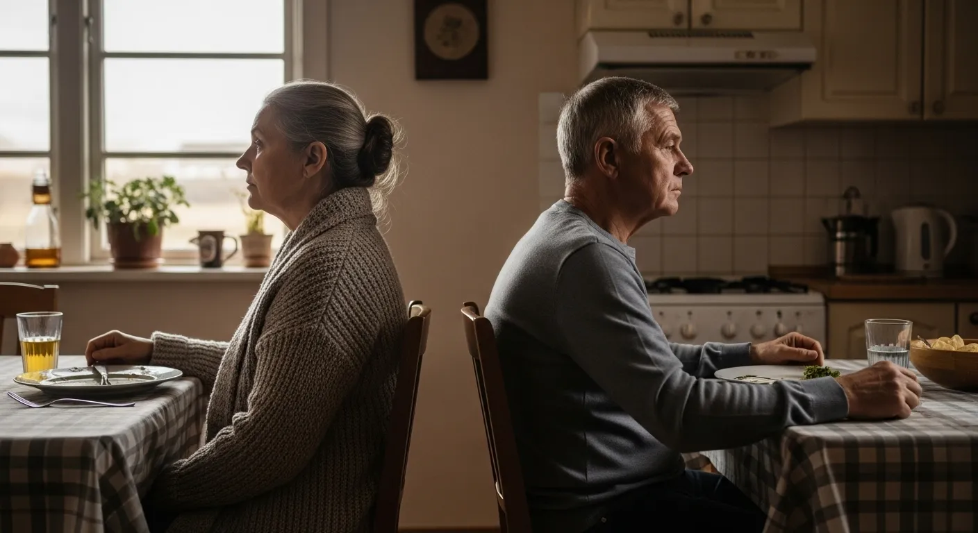 Couple at dinner table, backs turned, feeling distant.
