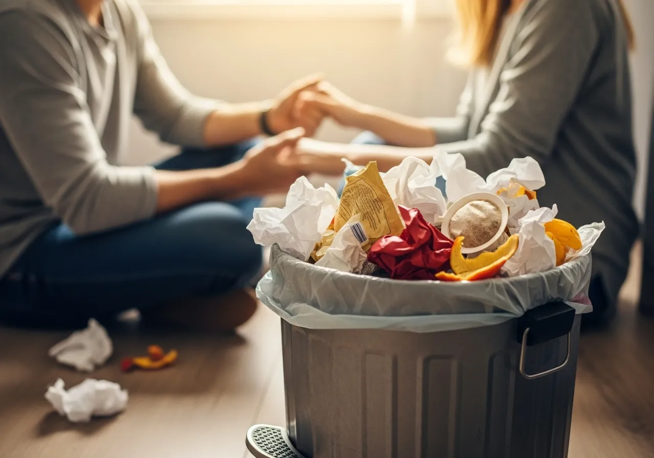 Overflowing trash, blurred arguing couple, symbolizes unspoken resentment.