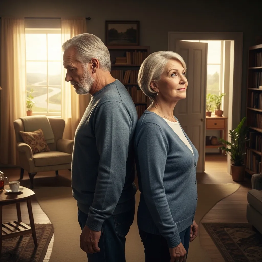 Mature couple at a crossroads, contemplating different paths.