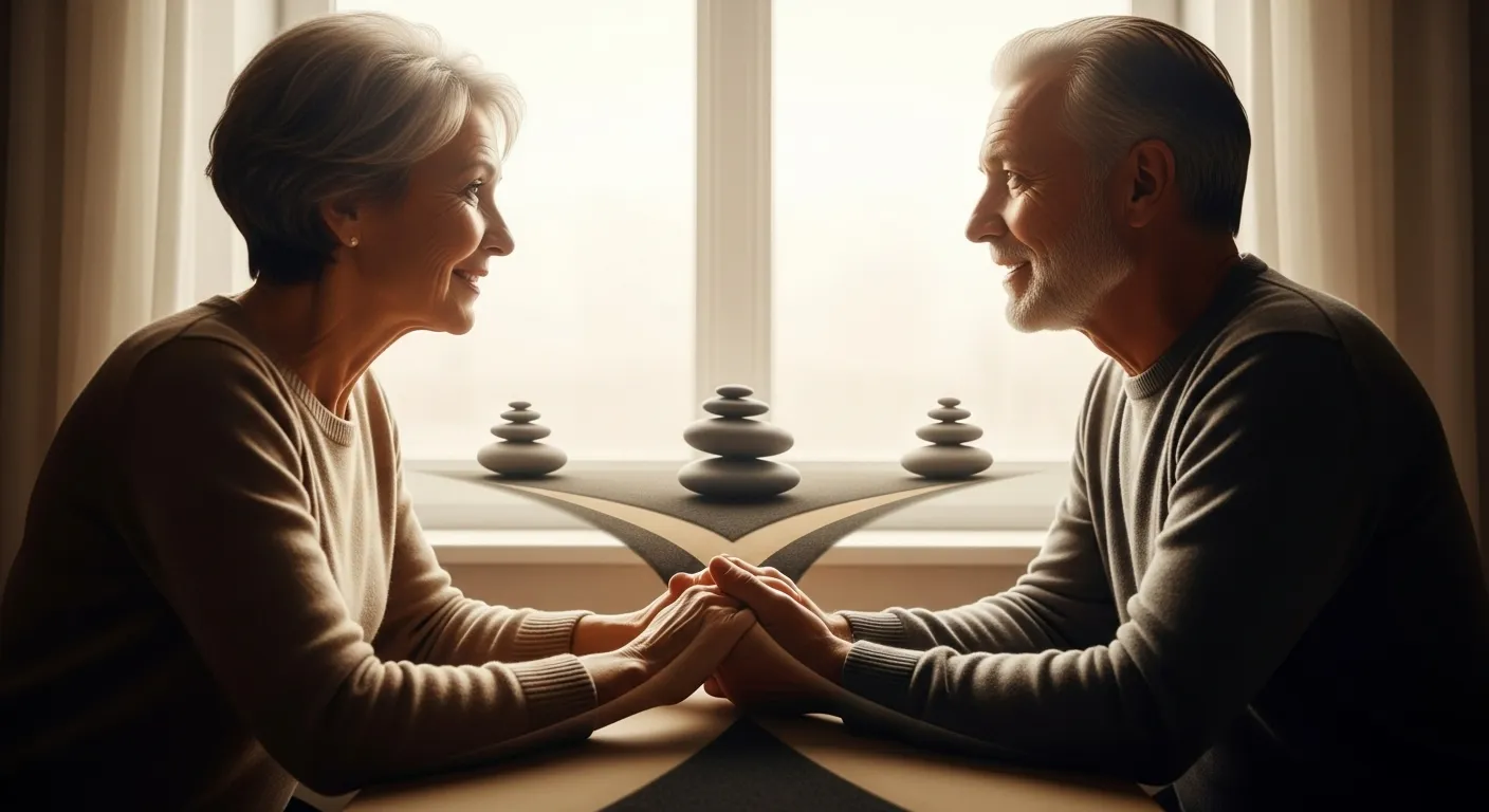 Couple holding hands, communicating calmly.