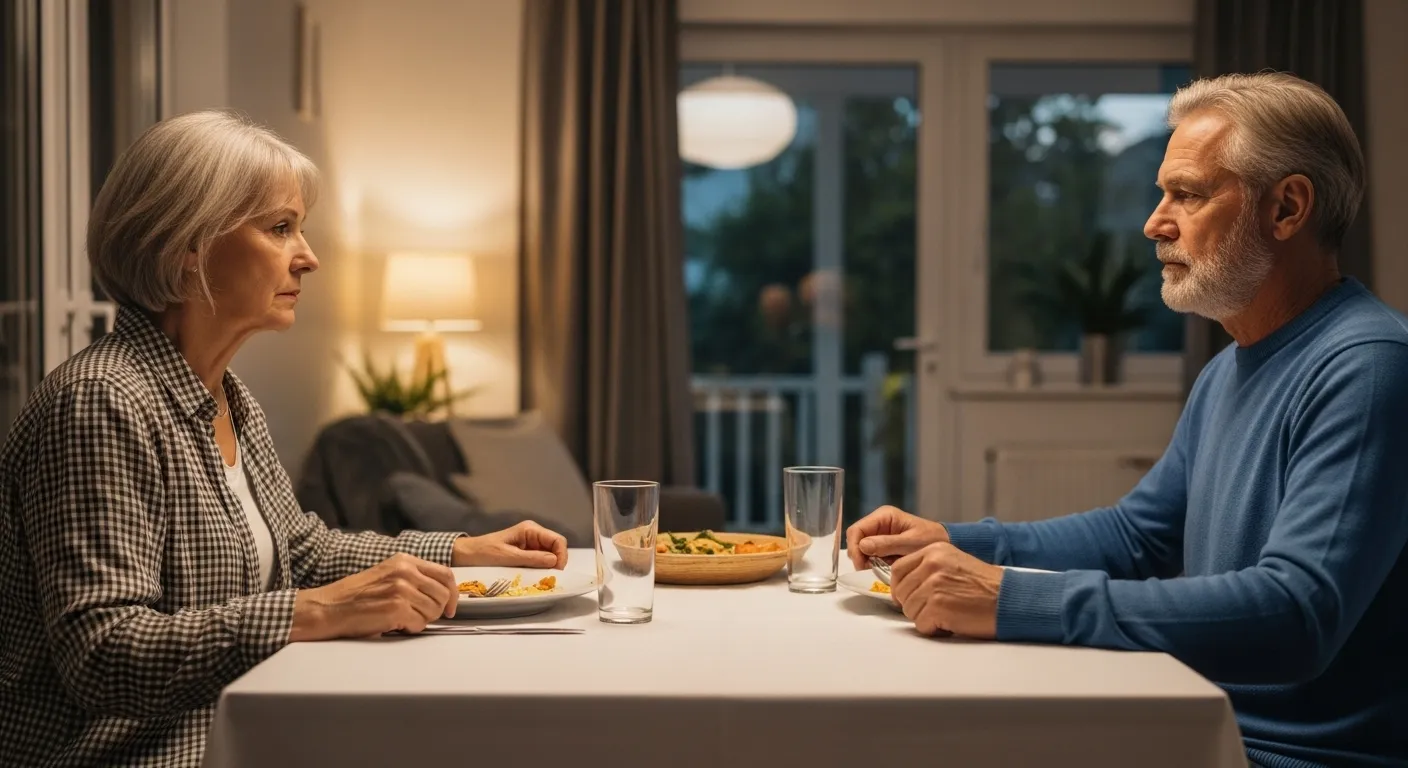 Older couple sits at dinner table with distance between them, symbolizing emotional gap.