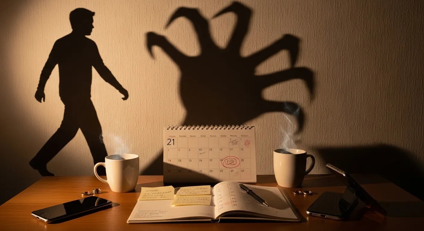 Person walking away from a menacing shadow.