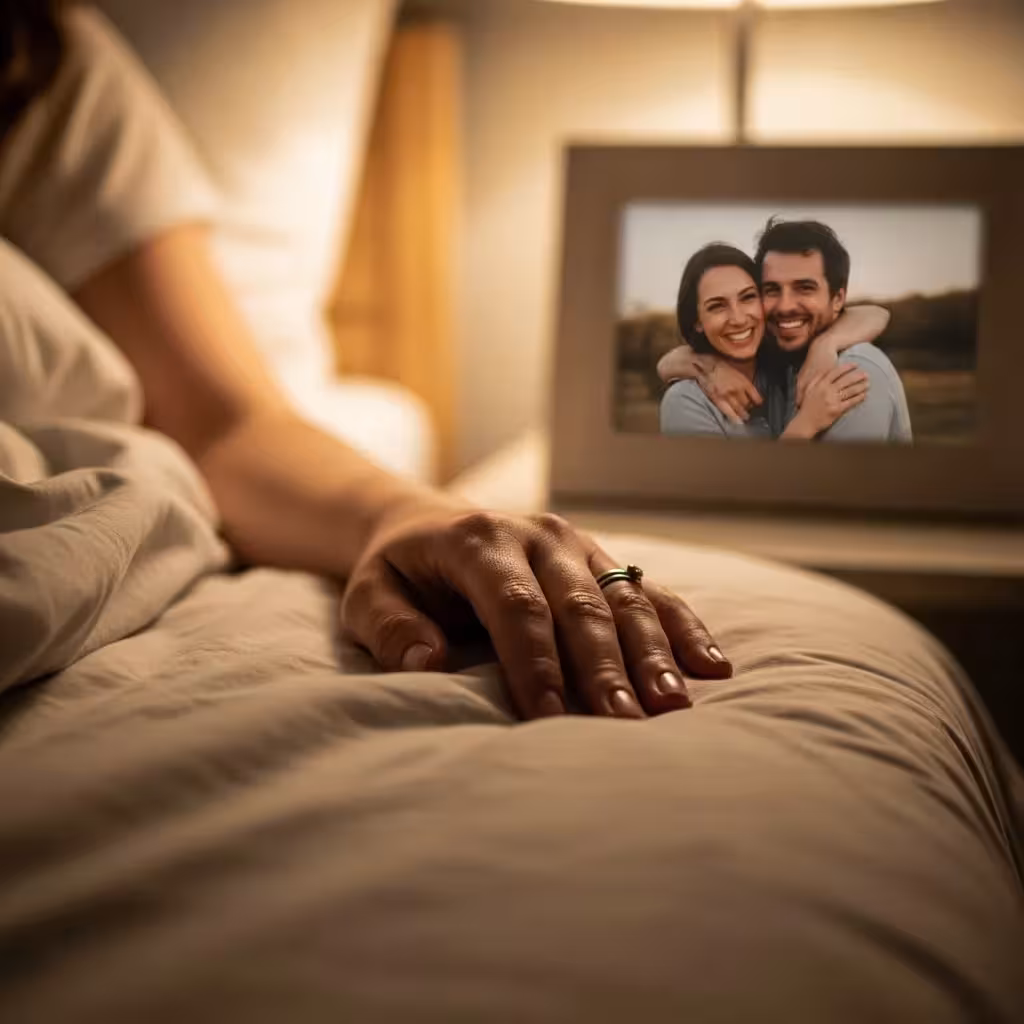 Woman's hand on bed, family photo nearby.