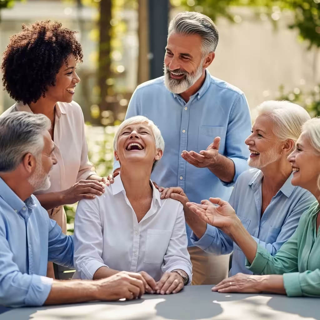 Group of seniors socializing and laughing together.