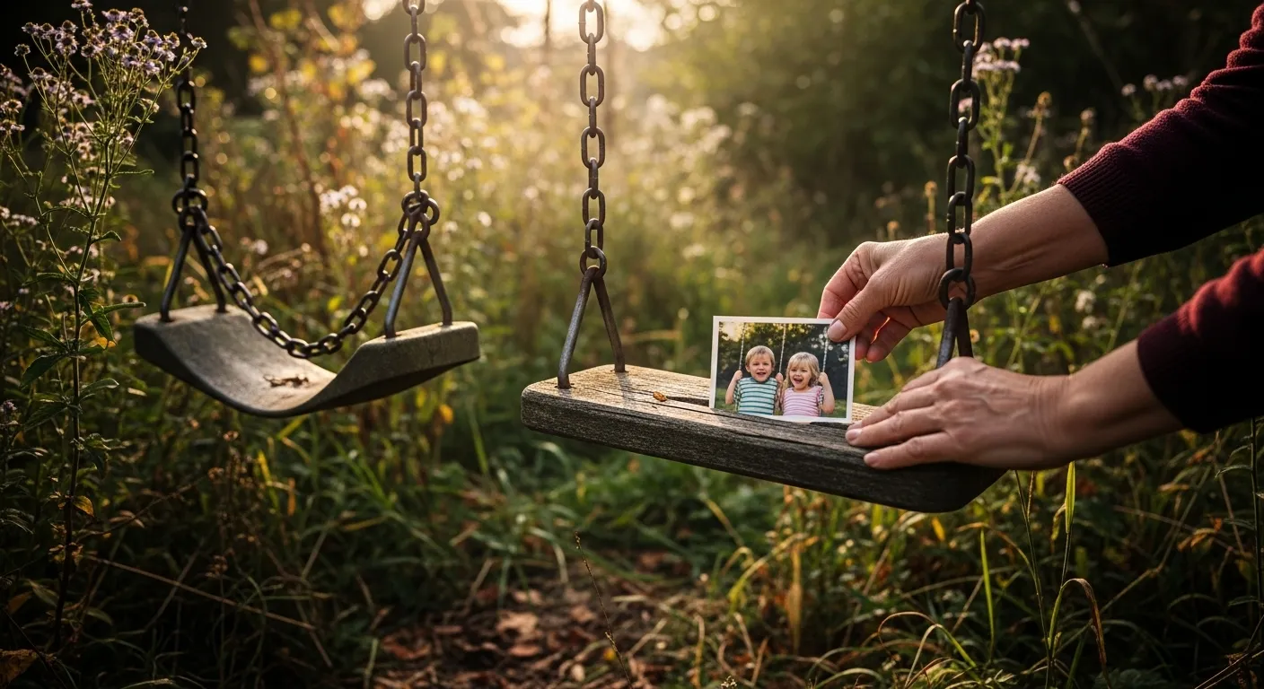 Empty swing set symbolizes the children's departure and a couple's growing distance.