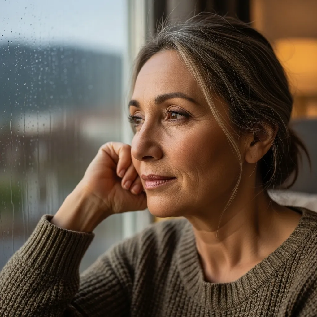 Woman reflects during rainy day, symbolizing emotional processing.