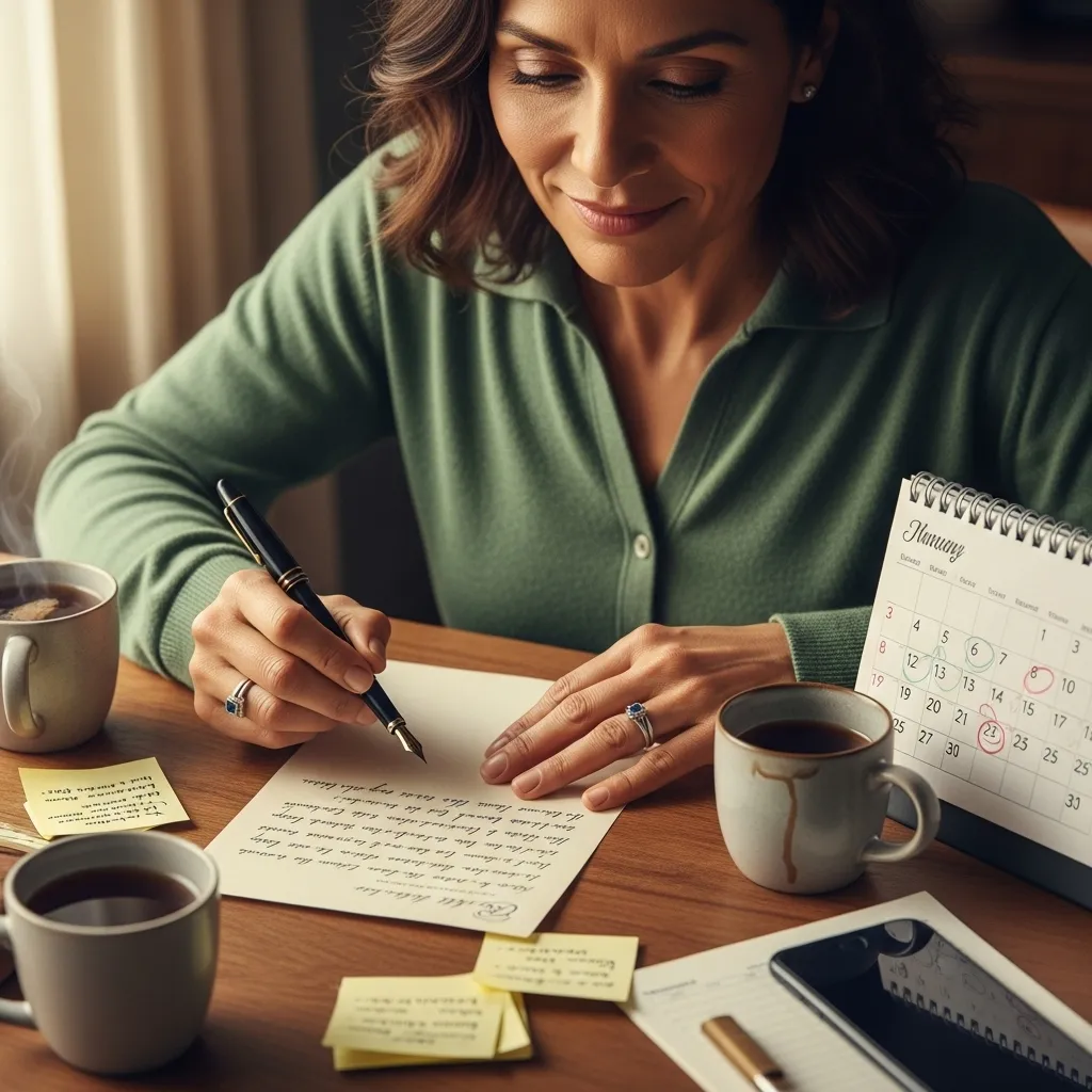 Woman writing, contemplating her future.