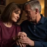 Older couple in living room, subtle tension in smiles and posture.