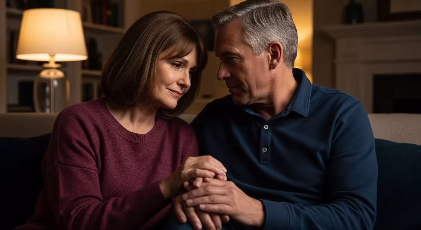 Older couple in living room, subtle tension in smiles and posture.