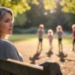 Woman contemplating on a park bench, children playing in the background.
