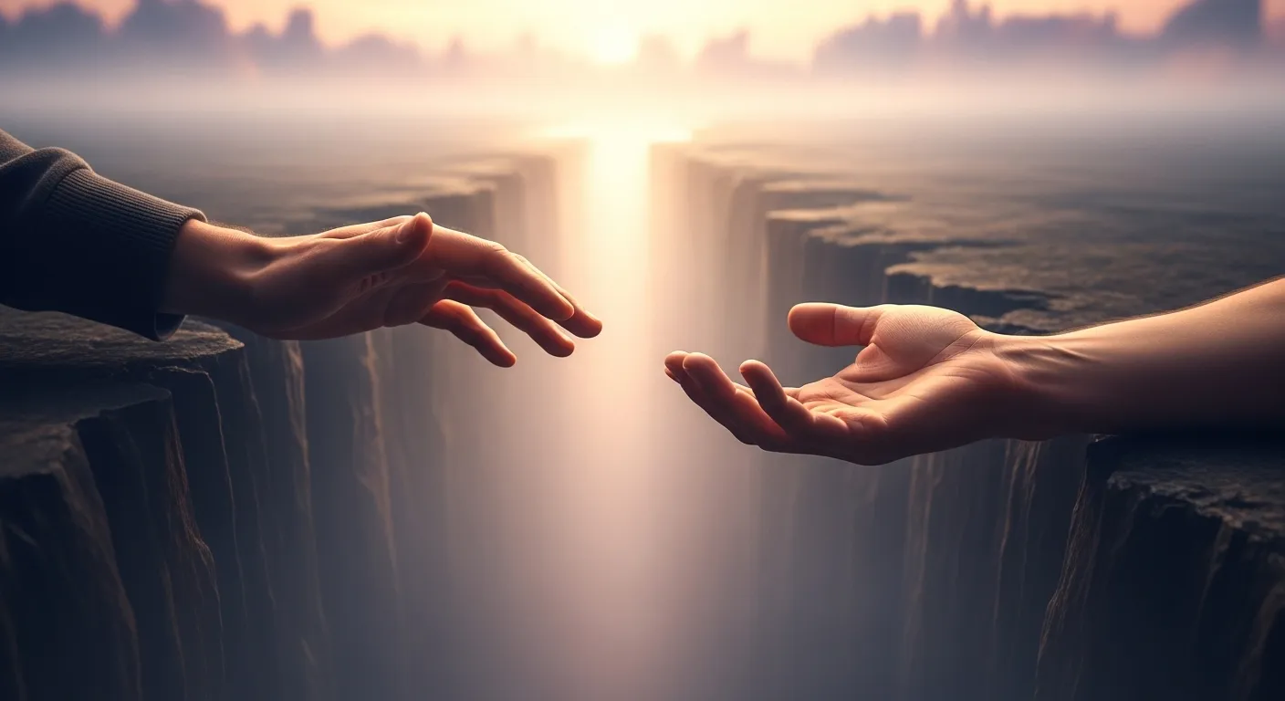 Chasm between hands symbolizes emotional distance.