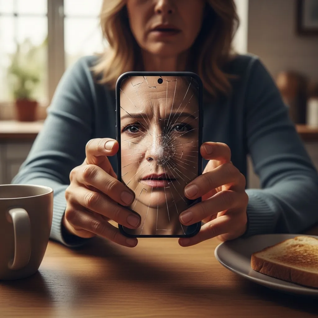 Woman reflected in a broken phone screen, symbolizing the breakdown of communication and emotional distress.