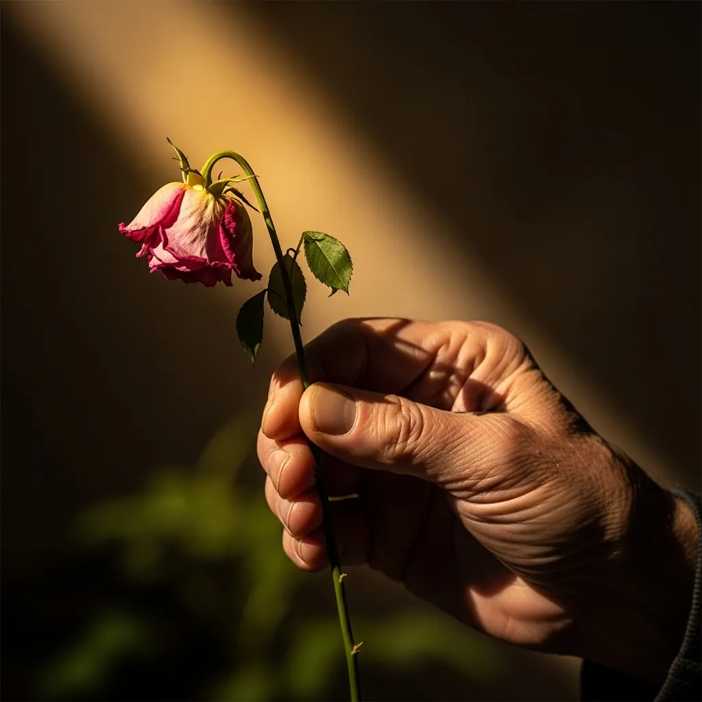 Hand holding wilting flower, light and shadow. Hope and despair.