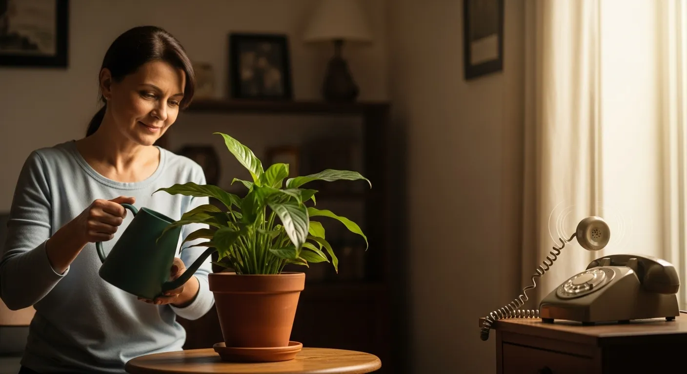 Mature woman tending to a plant, symbolizing self-care during a communication breakdown.