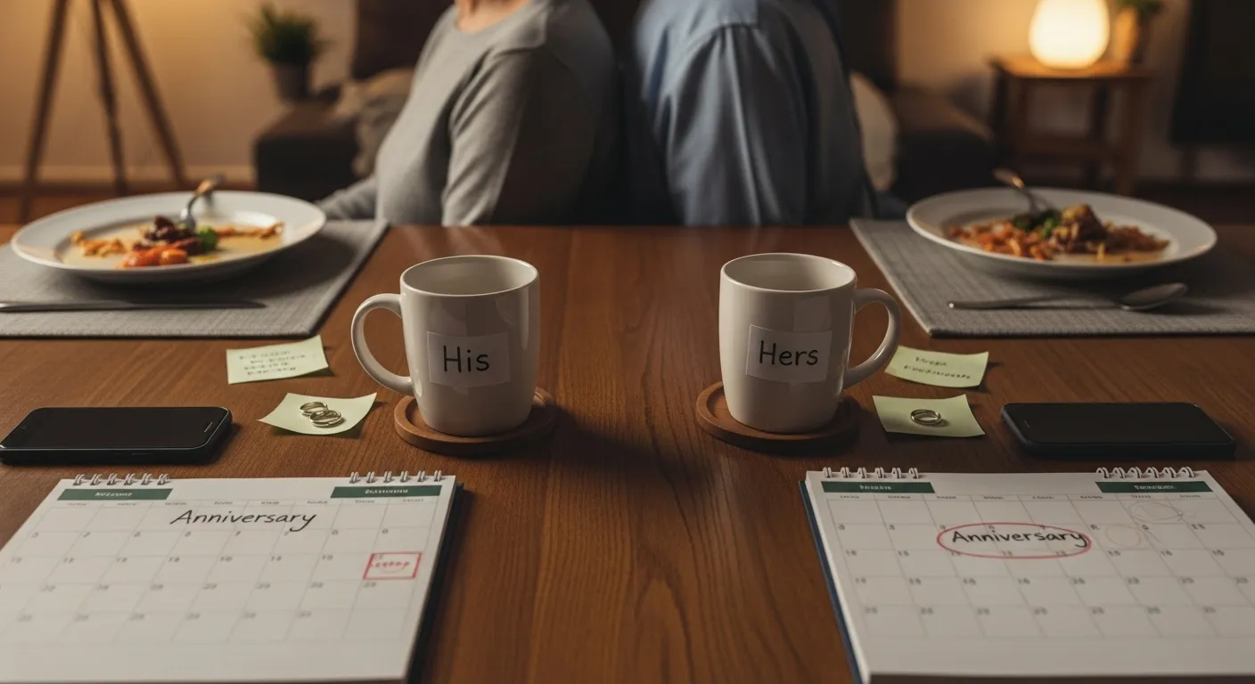 Older couple giving each other the silent treatment at dinner table.