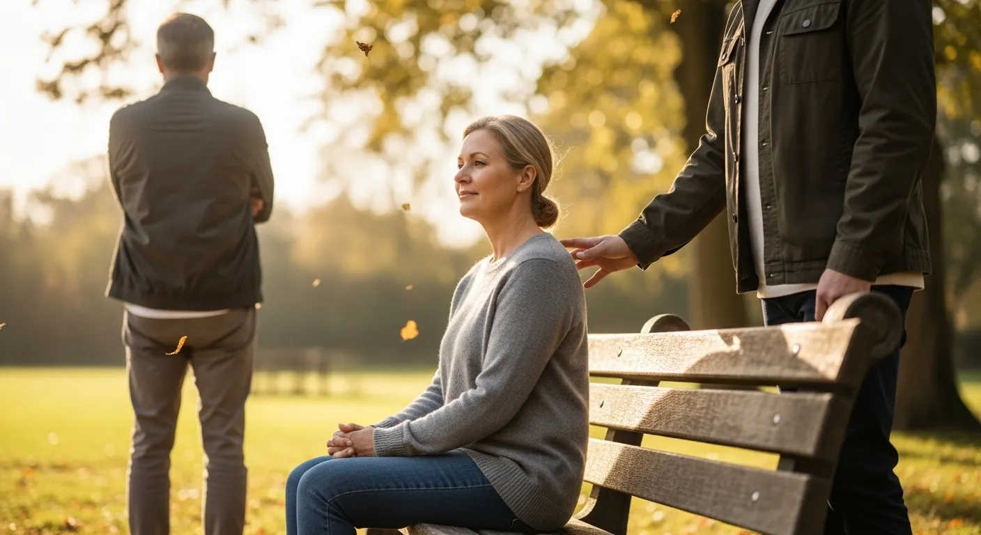 A woman sits alone while her partner stands away, illustrating emotional distance.